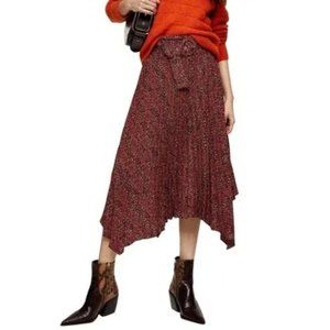NWT Topshop Animal Print Red Pleated Belted Midi Skirt Size 4US
